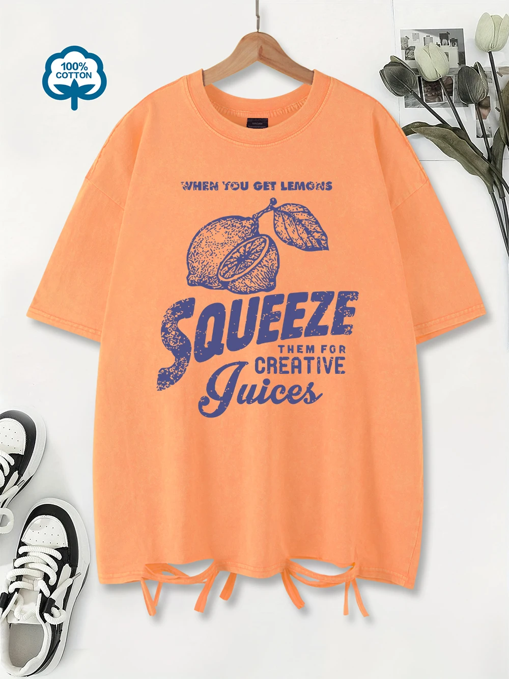 

Squeeze Them For Creative Guices Cotton Washed T-Shirts Womens Oversize Tops Street Distressed O-Neck T Shirt Summer Clothes