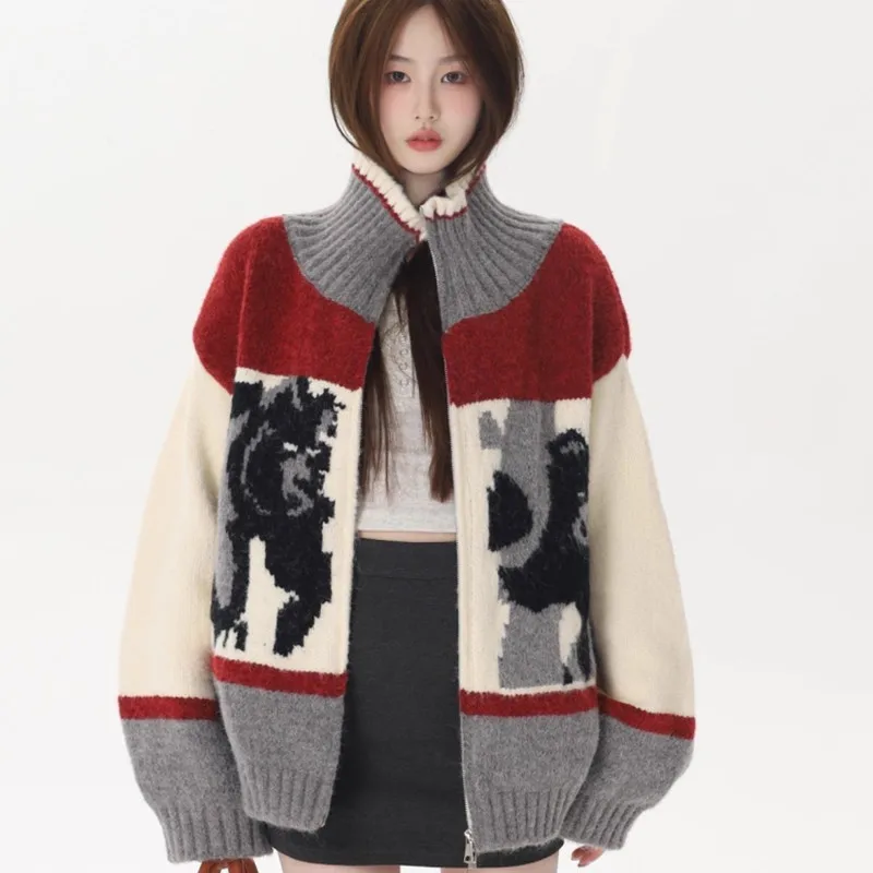 Autumn and winter Hong Kong style new loose and fashionable zipper cardigan high neck knitted sweater trend