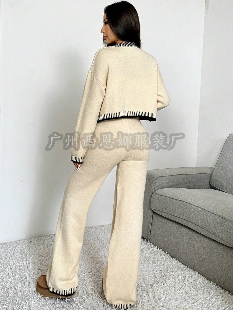 Autumn Winter Trousers Suit Contrasting Color Lazy Style Woman Clothes Long-sleeved Single-button Top Trousers Two-piece Set