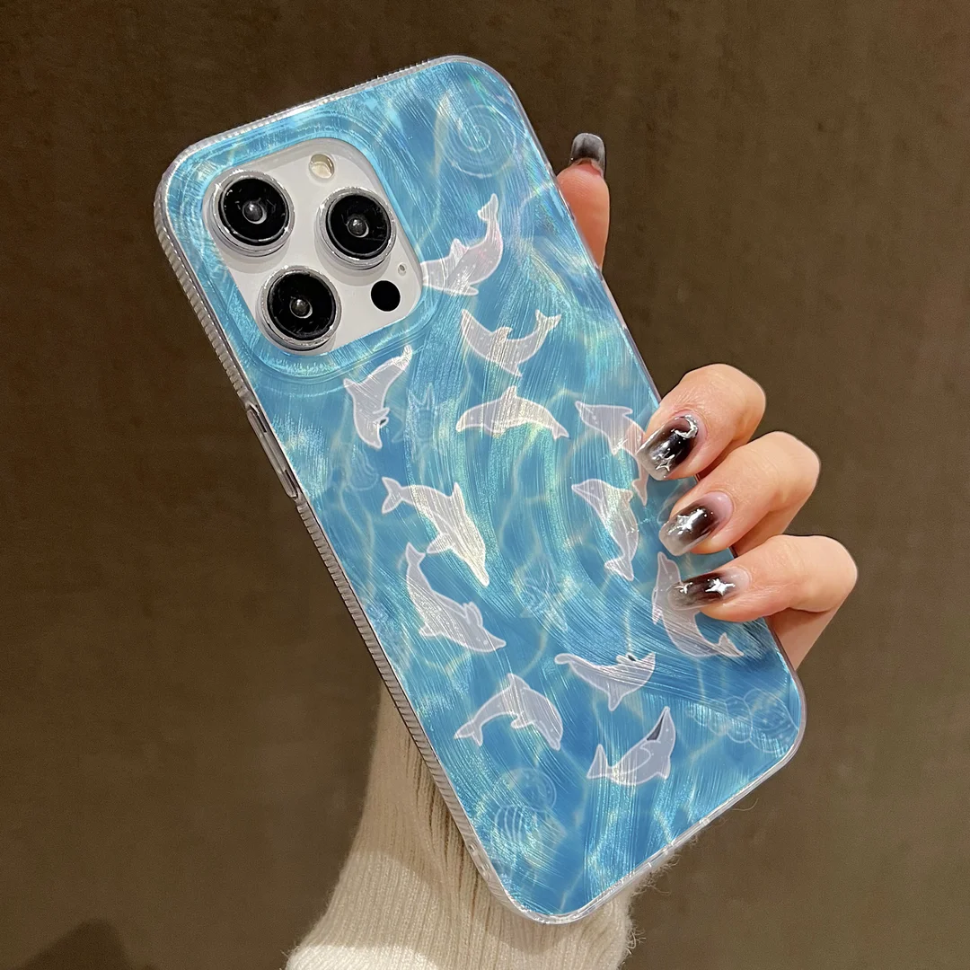 Funda para IPHONE 16, 15, 14, 13, 12, 11 PRO MAX, 7, 8 PLUS, X, XR, XS MAX, hilo de plumas de delfín de natación, borde suave, anticaída y a prueba