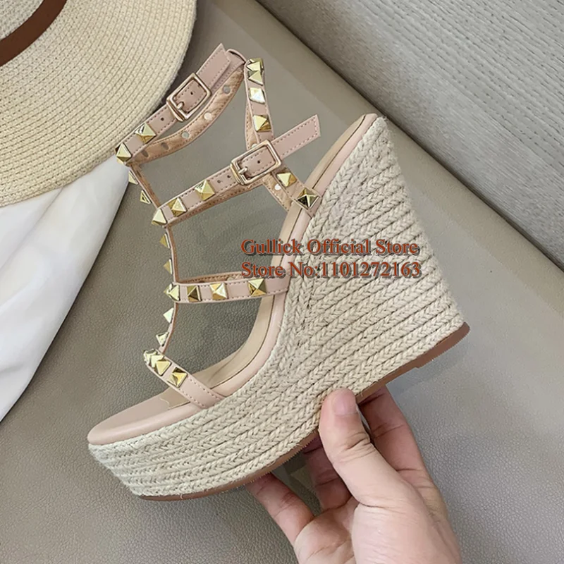 Modern Weave Braid Platform Wedge Sandals Open Toe Gold Studded T Bar Straps Women Summer Sandals Green Beige