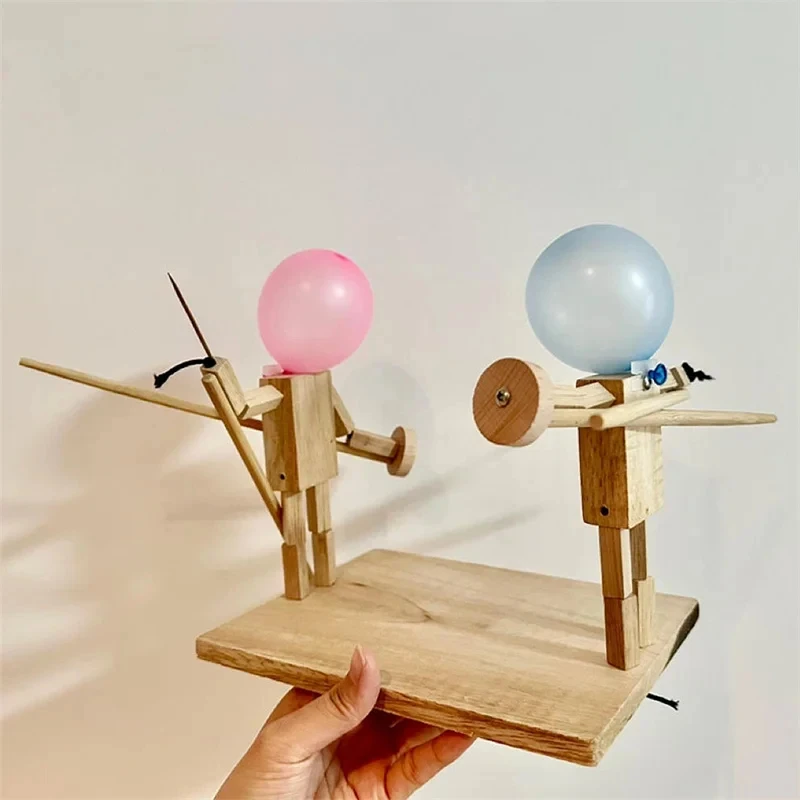 Balloon Bamboo Man Battle-2024 New Handmade Wooden Fencing Puppet Wooden Bots Battle Game for 2 Players Fast-Paced Balloon Fight