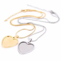 2pcs Stainless Steel Gold Plated Snake Chain Necklace Bezel Blanks 25mm Heart Cabochon Pendant Base Setting Trays Diy Findings