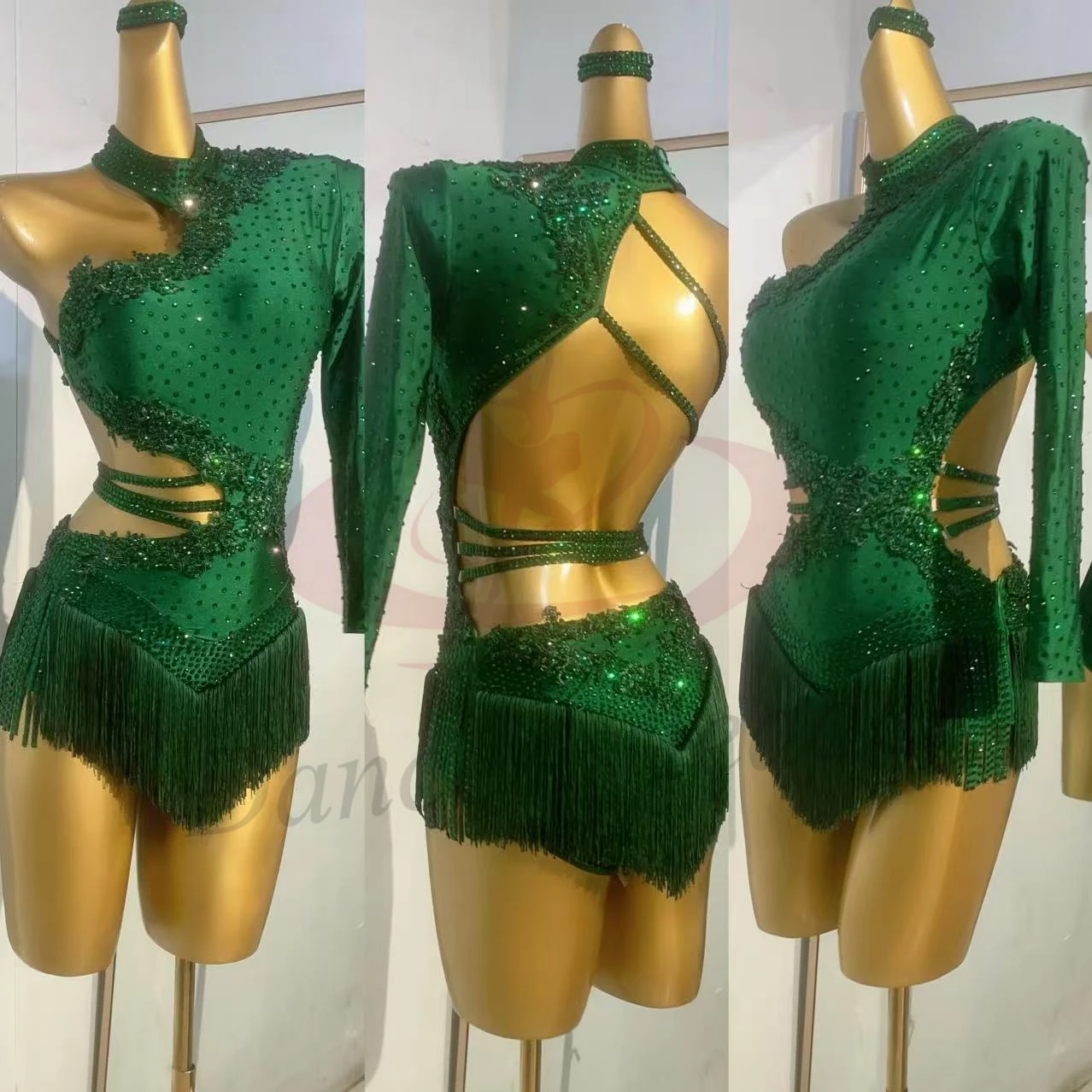 Latin Dance Costume Rhinestone Women's High-end Custom Emerald Green Tassel Skirt Samba Dress Performance Dress