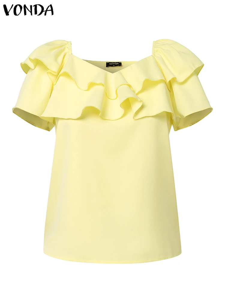 VONDA Girls Tops Square Neck Solid Color Flare Short Sleeve Layered Ruffled Blouse Elegant Sweet Holiday T Shirts Work Wear