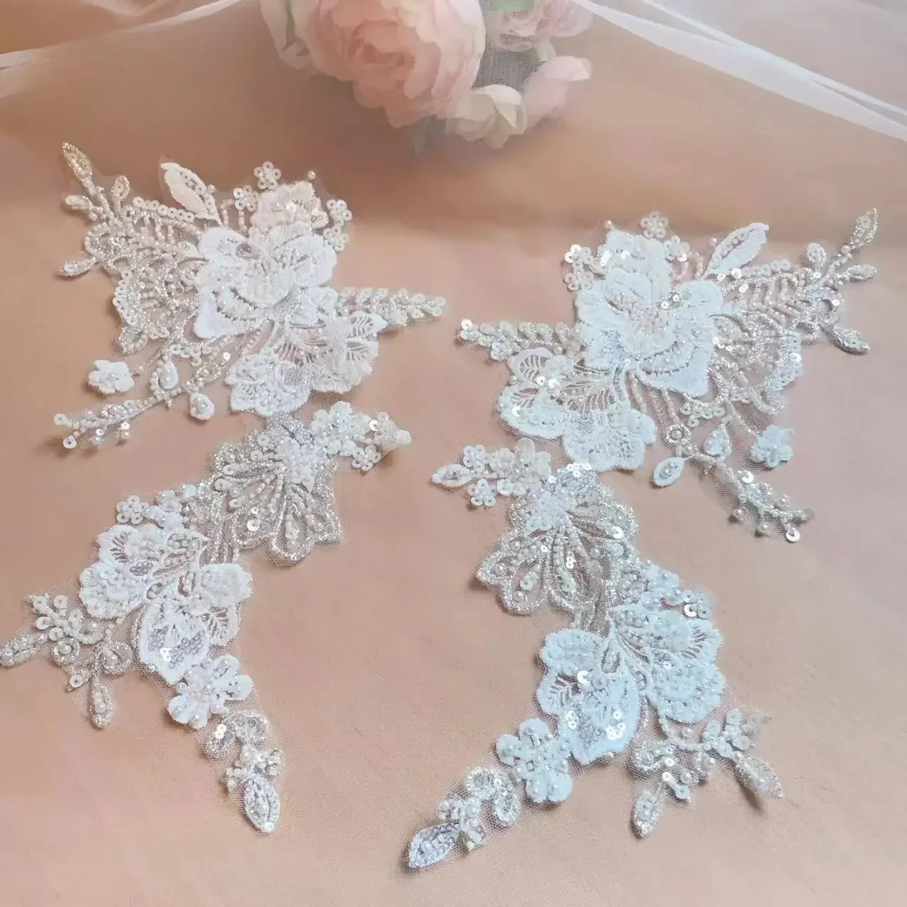 

1Pair.10Colors.Pearl Embroidered Lace Mirror Flower Shining Dance Costumes and Headwear,Clothing Applique. Patches for Clothing