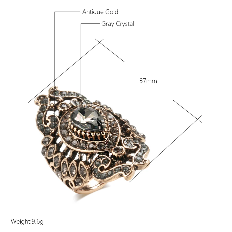 Wbmqda Hot Vintage Hollow Gray Crystal Rings For Women Antique Gold Bohemian Ethnic Style Bridal Wedding Jewelry Gifts 2023 New