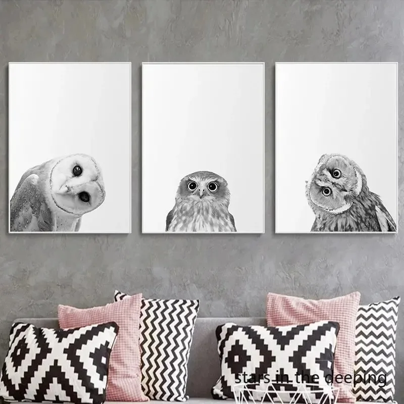 Cute Funny Black and White Crooked Owl Animal Birds Art Posters Canvas Painting Wall Prints Pictures for Living Room Home Decor