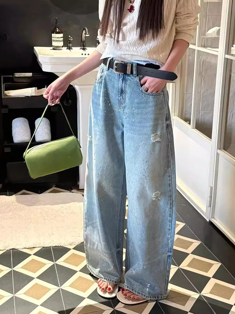 ReddaChic Glitter Ripped Jeans for Women Korean Going Out Carrot Fit Baggy High Rise Distressed Denim Pants Vintage Streetwear