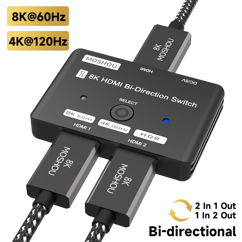 

HDMI Switch Splitter 8K@60hz Aluminum HDMI 2.1 Switcher 2 in 1 Out Bi-Directional 3 In 1 out 4 in 1 out Ultra HD 48Gbps Extender