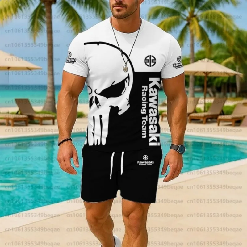

Summer New Kawasaki Logo Men's Set High Quality Casual Breathable Round Neck T-shirt And Shorts Casual Sports Cool Two-piece Set