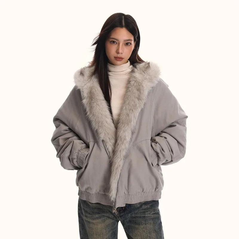 

2025 NEW Winter new fur collar cotton coat plus veet American retro men's and women's high quality fur collar hooded loose thi