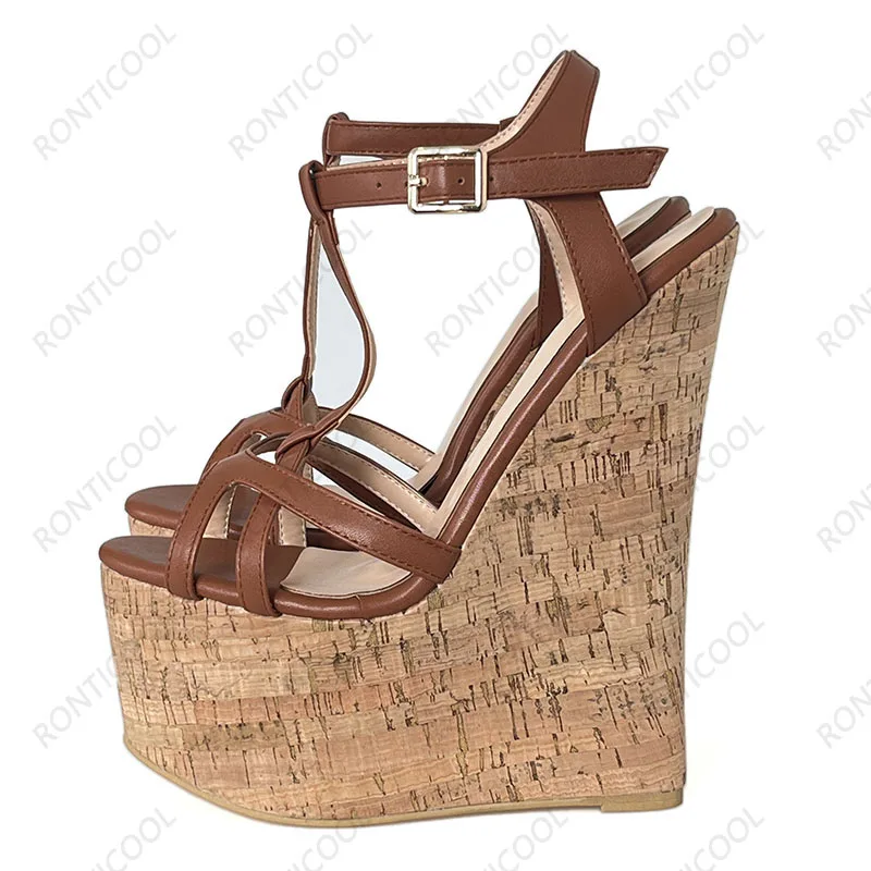 Ronticool Handmade Women T-strap Sandals Ultra High Wedges Heels Round Toe Classics Black Dress Shoes Ladies US Plus Size 5-15