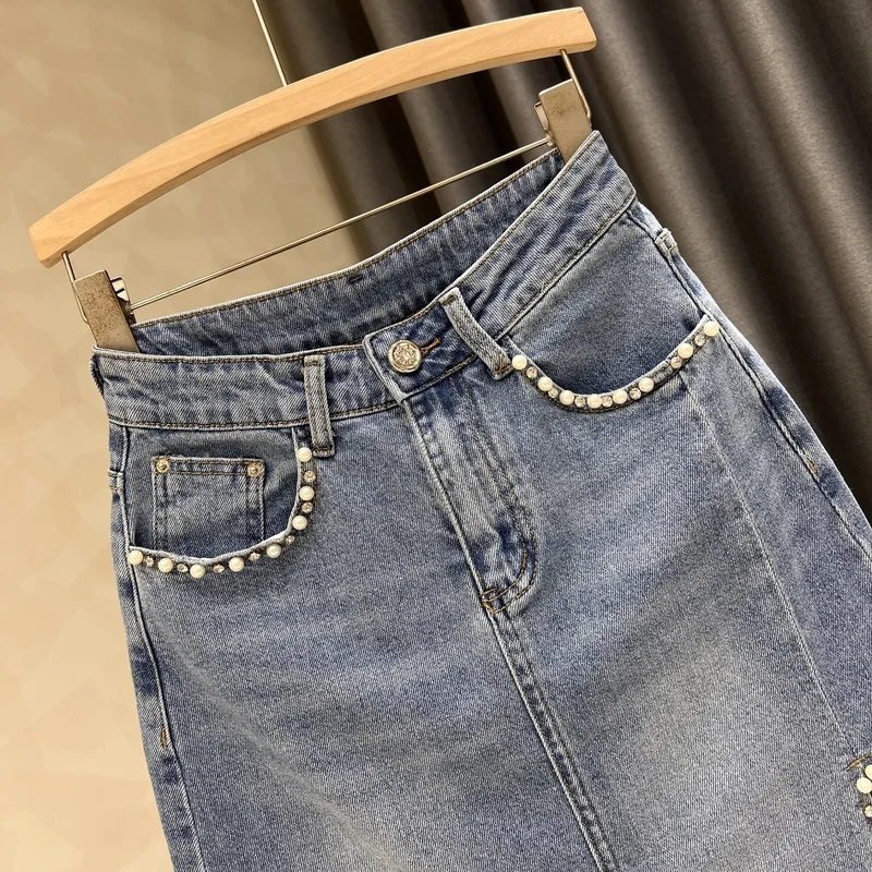 Women Beading Denim Skirt Fashion Irregular Ragged Edge High Waist Wrapped Hip Skirt Summer Large Size Female Short Skirt