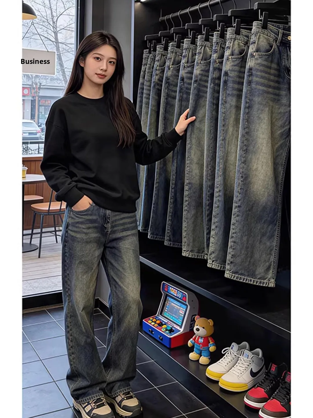 

Retro American Deep Blue Straight Leg Men's Jeans Autumn Winter Fleece Washed Slimming Cleanfit Flared Pants Casual Wear