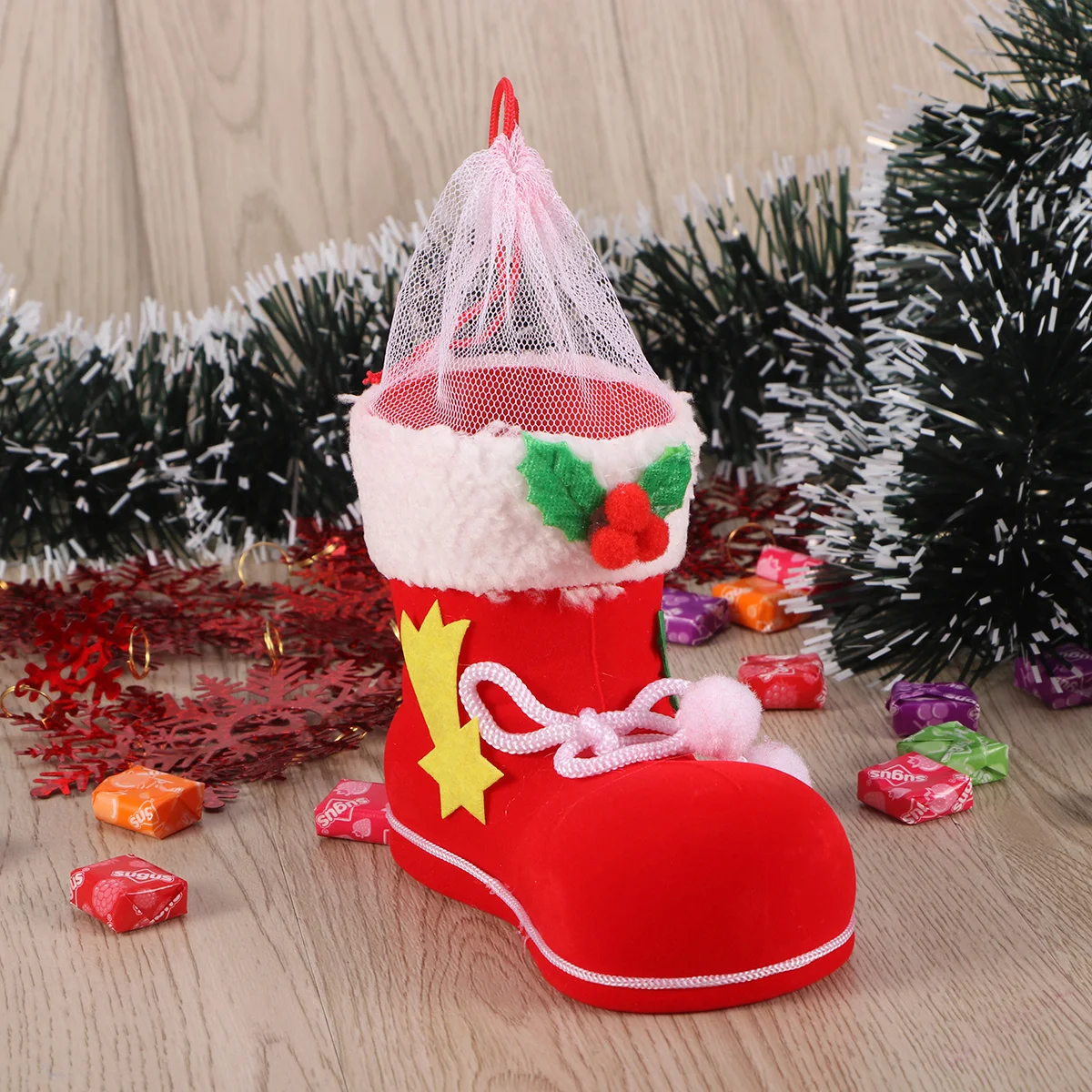 

Candy Boots Premium Flocking Reusable Christmas Stocking For Gift Bag Hanging Decoration Party Favors Goody Bag Red