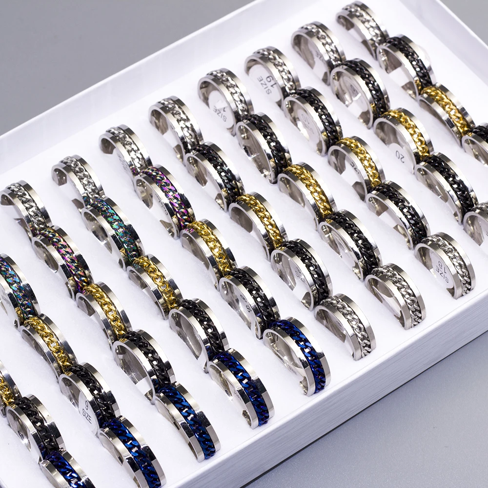 30 pcs/lot Mix 4 Colors Rotation Chain Stainless Steel Rings Fashion Punk Rock Mens Ring Polished Inside