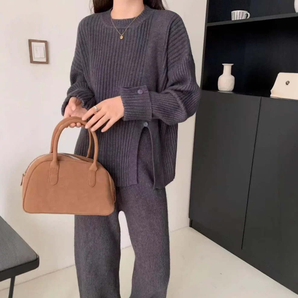 

Fashion Knitted Two Piece Set Women Solid Color Button Slit Pullover Sweater Trousers 2 Piece Sets Comfortable Casual Style