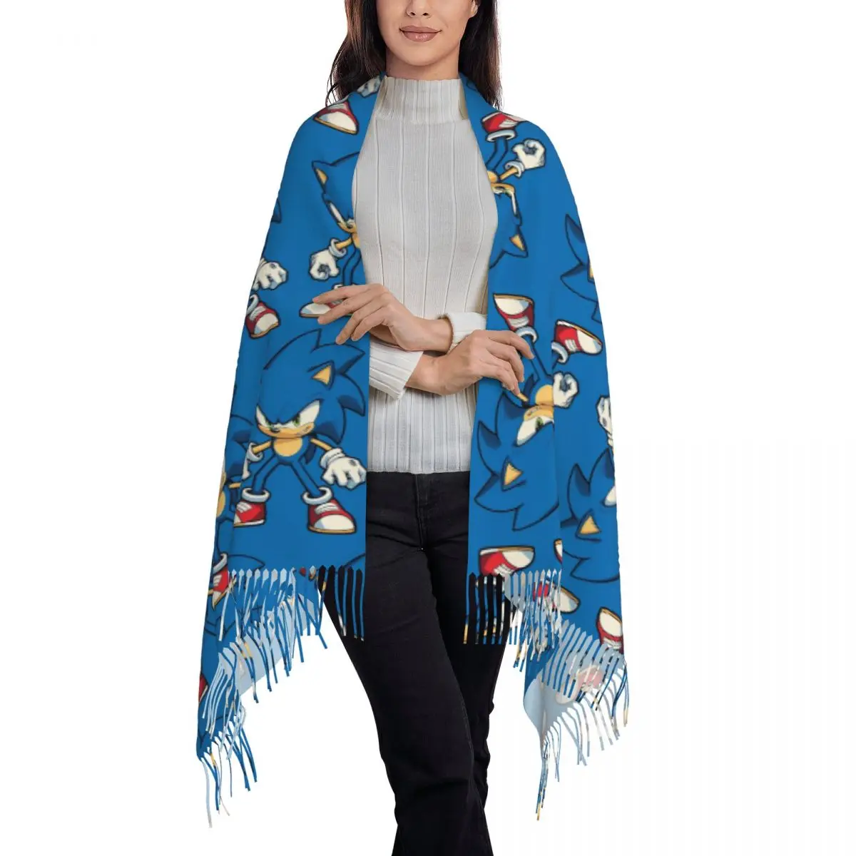 Bufanda con borlas de Sonic The Hedgehog, lista para la acción. Bufandas para mujer, chales y mantas suaves y cálidas, chal largo para otoño e invierno.