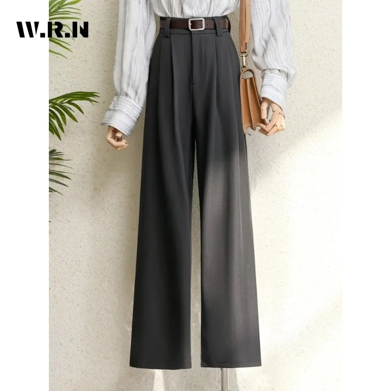 Fall Winter 2024 Burgundy Suits Pants for Women Office Lady Elegant High Waist Wide Leg Fashion Trousers with Pockets Black Gray