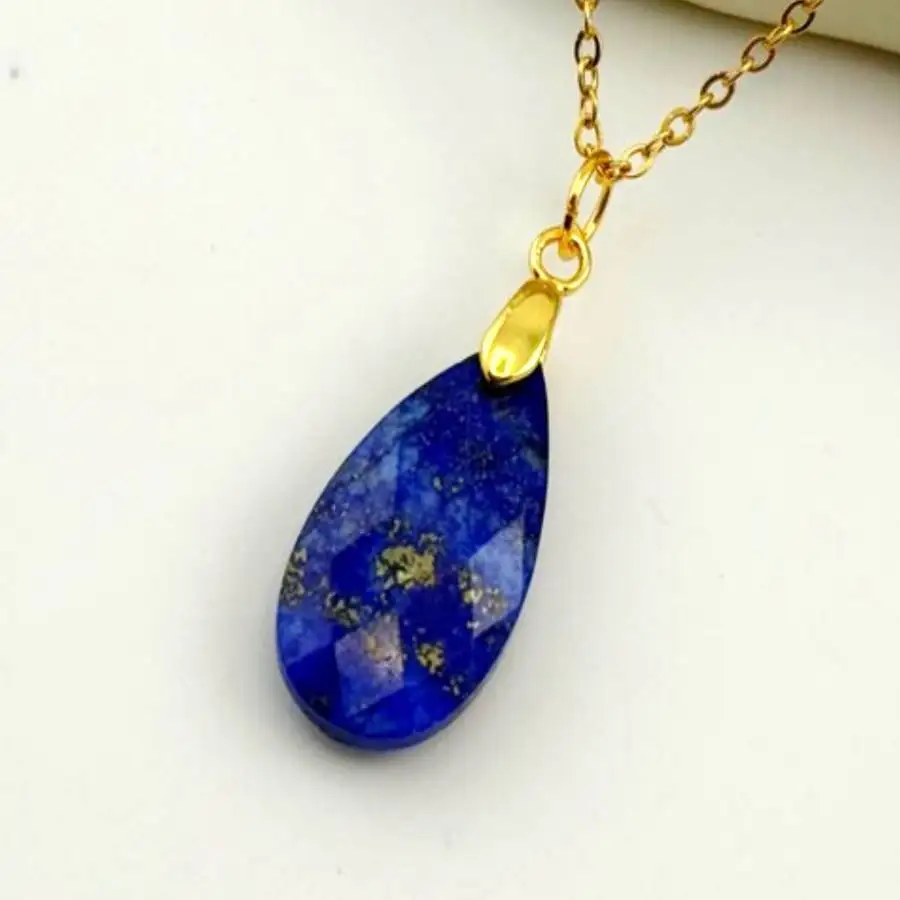 

Подвеска ручной работы из натурального лазурита в форме груши с золотистой цепочкой, модное ювелирное украшение, подарок для нее