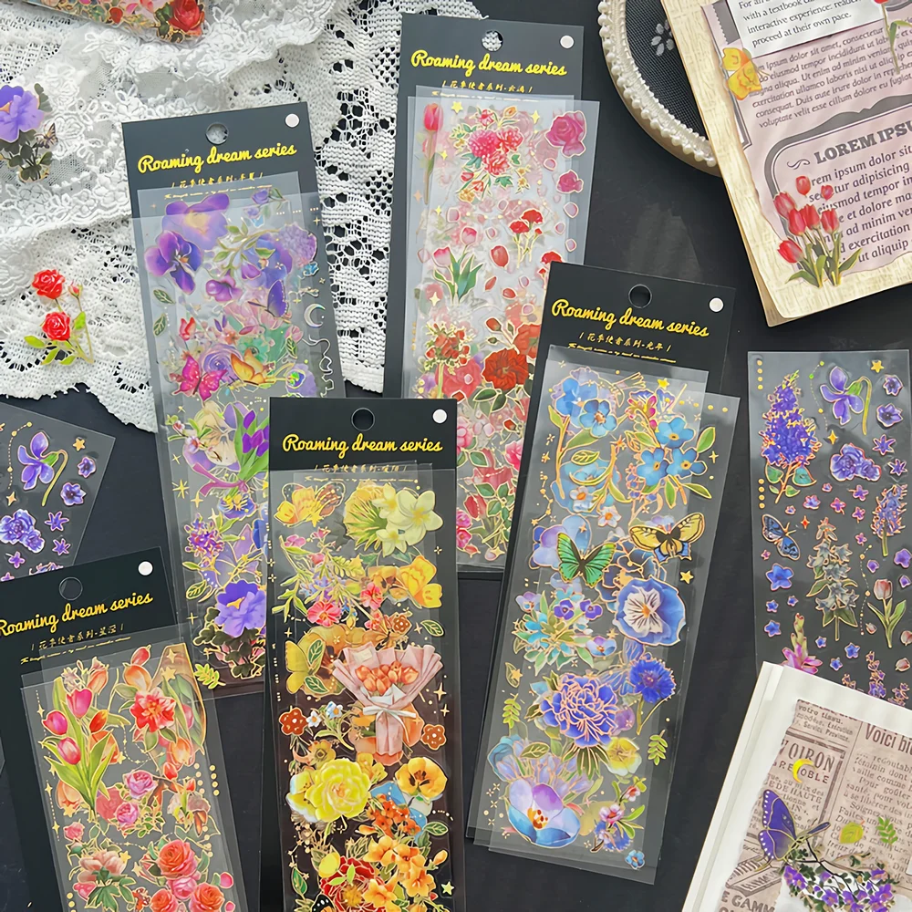 3PCS Vintage Floral Decoration Stickers Set, Roaming Dream Flower Sticker, Retro Aesthetic Scrapbooking Journal Material Deco