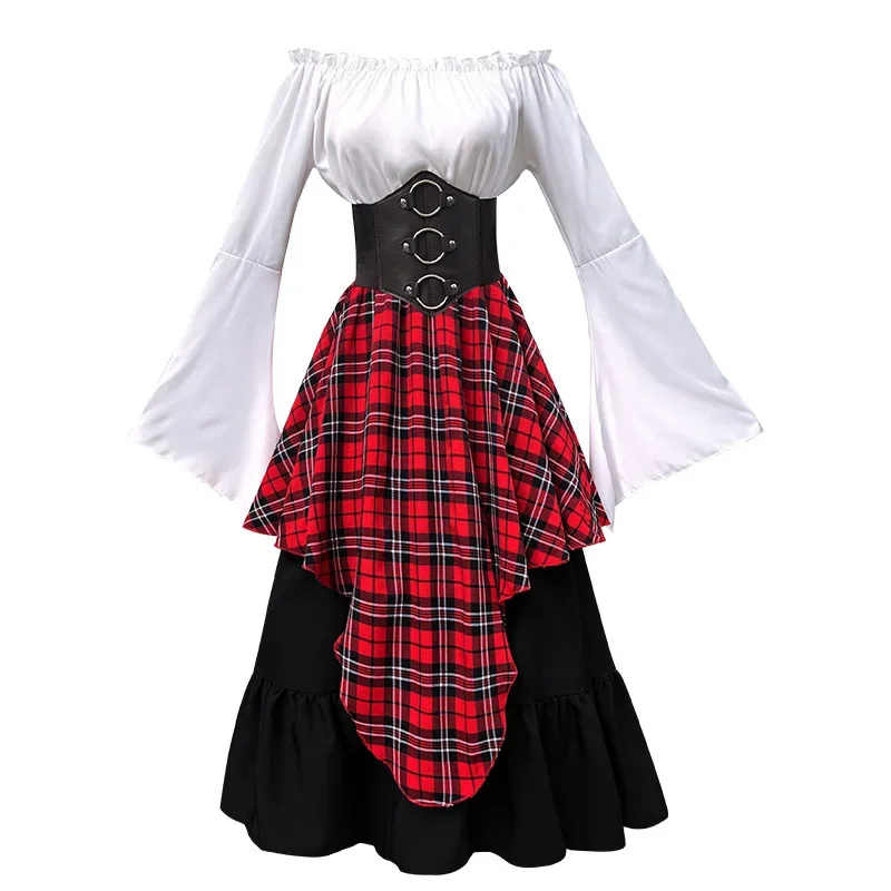 Женская ретро средневековая юбка, винтажный костюм для косплея, блузка с длинными рукавами, Ренессанс, готическое лоскутное вечернее платье с открытыми плечами