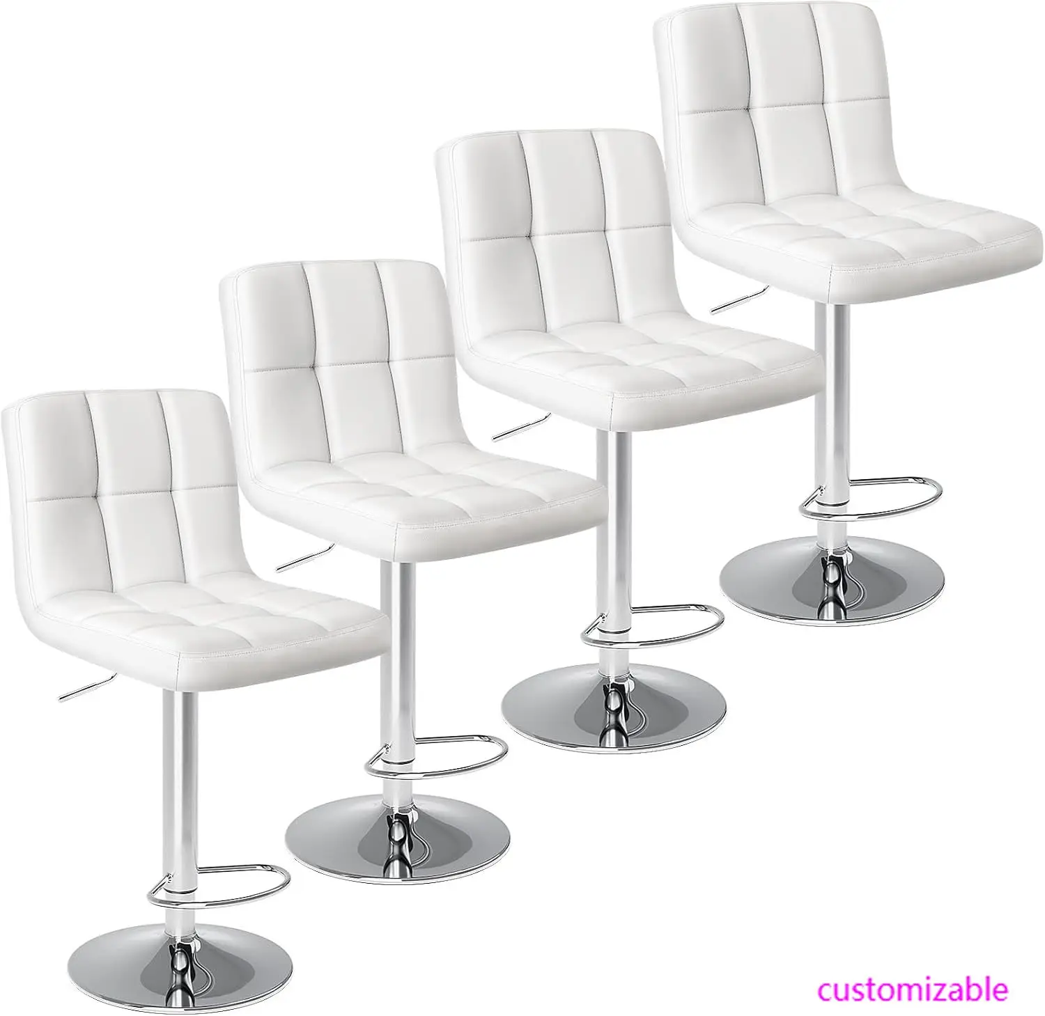 金属ベースのモダンな布張りのバースツール、カウンターハイト、PUレザーサドル、4個セット、24インチ