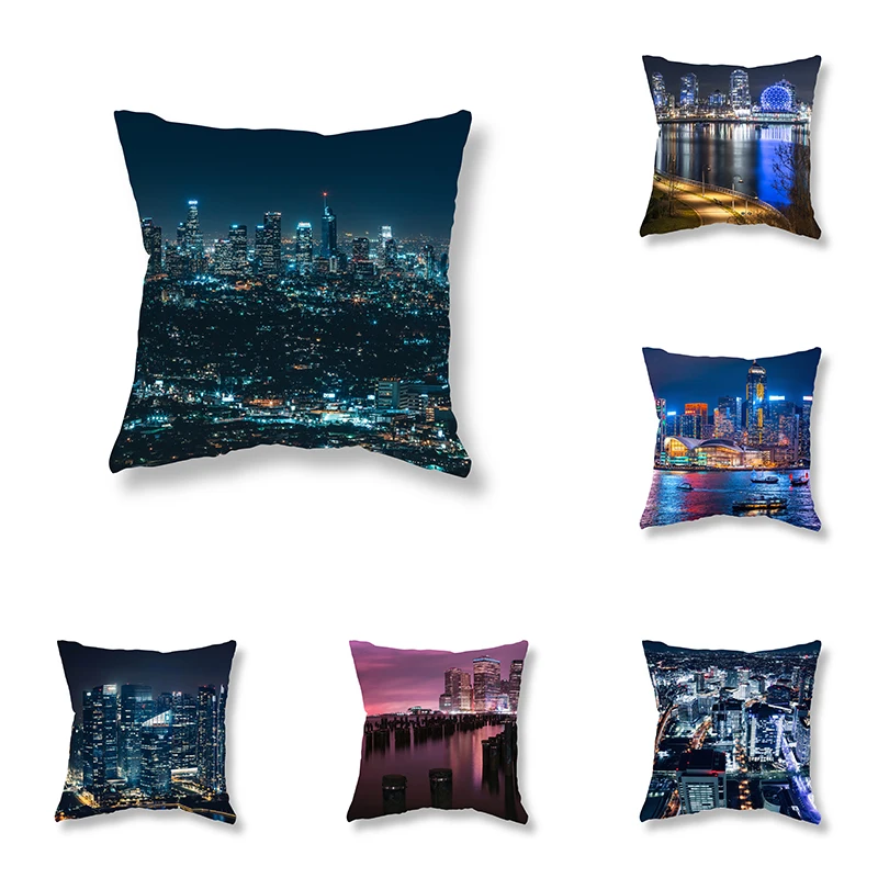 

World famous city architecture night view pillowcase sofa decoration office game chair cushion cover home 45x45cm