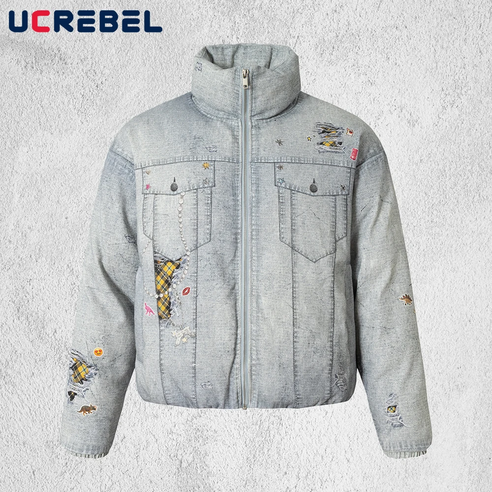

Retro Print Padded Jacket Mens Pocket Winter Thick Y2k Streetwear Stand Collar Long Sleeve Bread Jacket Man