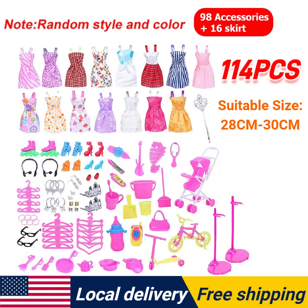 

114pcs Random Color Handmade Doll Shoes Boots Mini Dress Handbag For Barbie Dolls Fashion Clothes Outfit DIY for Girl's Gift