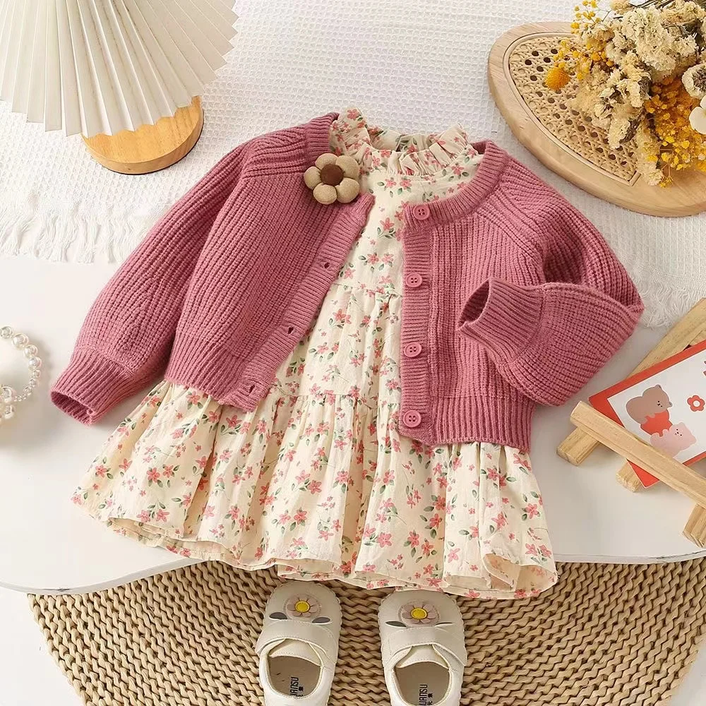 

1-6Y Fall Explosive Autumn Dress Girl Baby Sweet Foreign Style Sweater Coat + Floral Dress New Two-piece Set 90-130cm