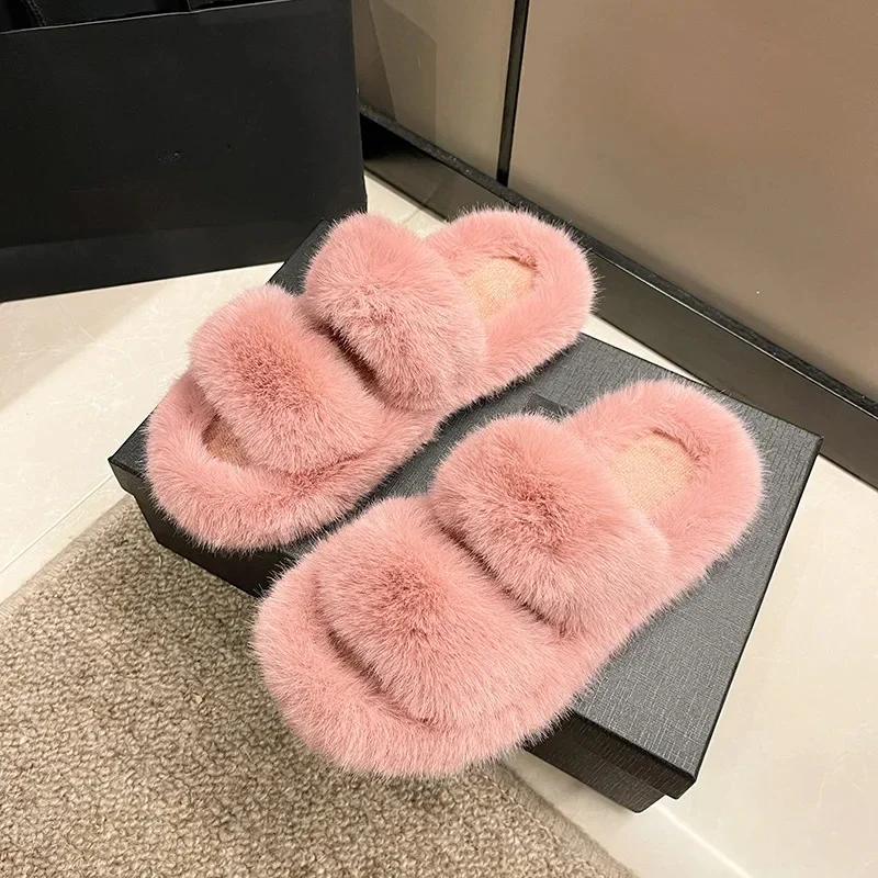 Fluffy Slippers Women  Autumn and Winter New Warm Outside Wear Fashion Casual Flat Large Size Cotton Drag Woman Zapatos Mujer