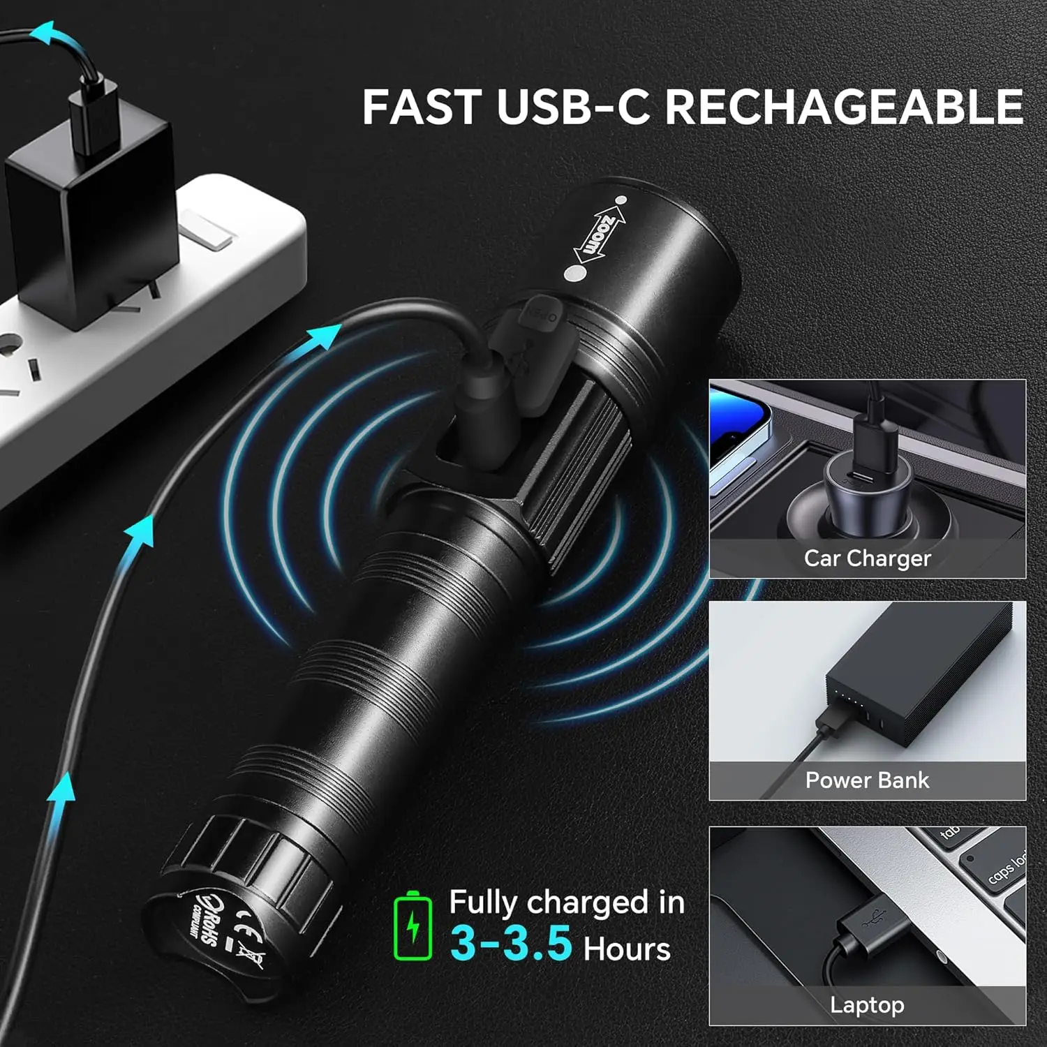 3-Pack Rechargeable LED Flashlights with LCD Display, 5 Modes Adjustable Focus, High Lumens for Emergency & Outdoor Use