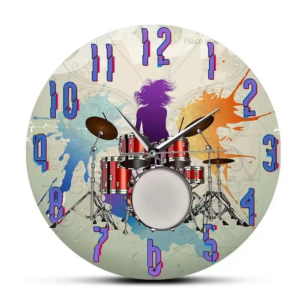 Colorful Drummer Wall Clock Music Drum Set Graffiti Splatter Silent Watch Rock Music Studio Decor Drummer Musician Gift