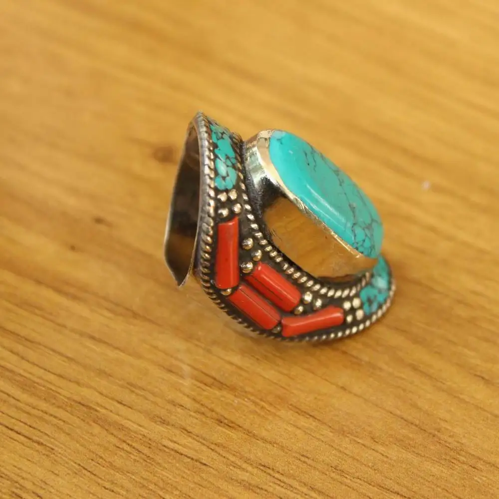 RG366 Handmade Nepal Big Rings For Man Copper Inlaid Turquoises Coral  Stone Thumb Ring New Arrival