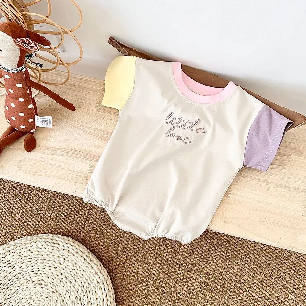 INS Newborn Girls Romper Short Sleeved Letter Embroidered Color Block Jumpsuit Baby Boys Clothes 2024 Summer Infant 0-2Y