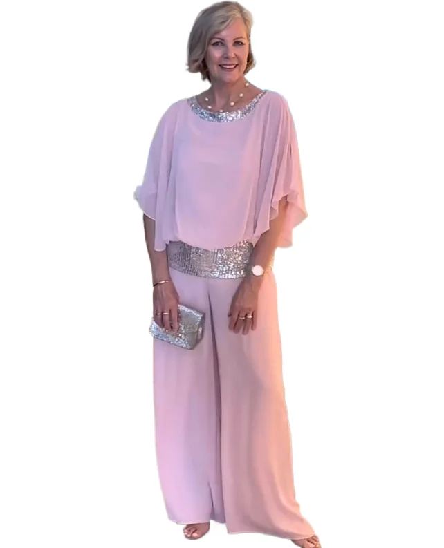 

Fashion Solid Sequin Suit Women Elegant Round Neck Bat Sleeves Loose Top Wide Leg Pant Two Piece Set 2024 Summer Office Lady New
