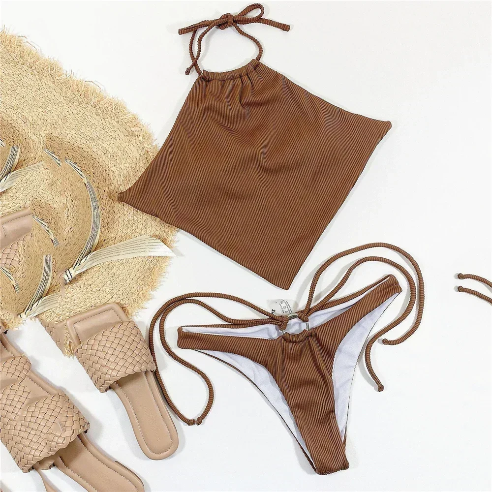 

Brown String Halter Bandana Bikinis Sets Ribbed Swimwear Sexy Swimsuit Women 2025 High Cut Bathing Suit Hollow Out Bikini Bather