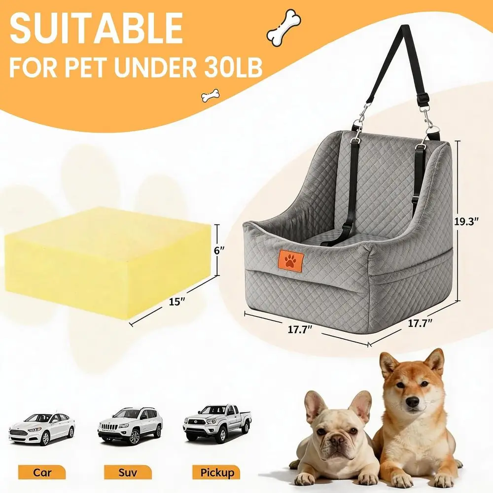 Elevated Pet Car Seat for Small to Medium Dogs Up to 35 lbs with Safety Belts, Washable Cover, Non-Slip Base, and Front/Back Sea