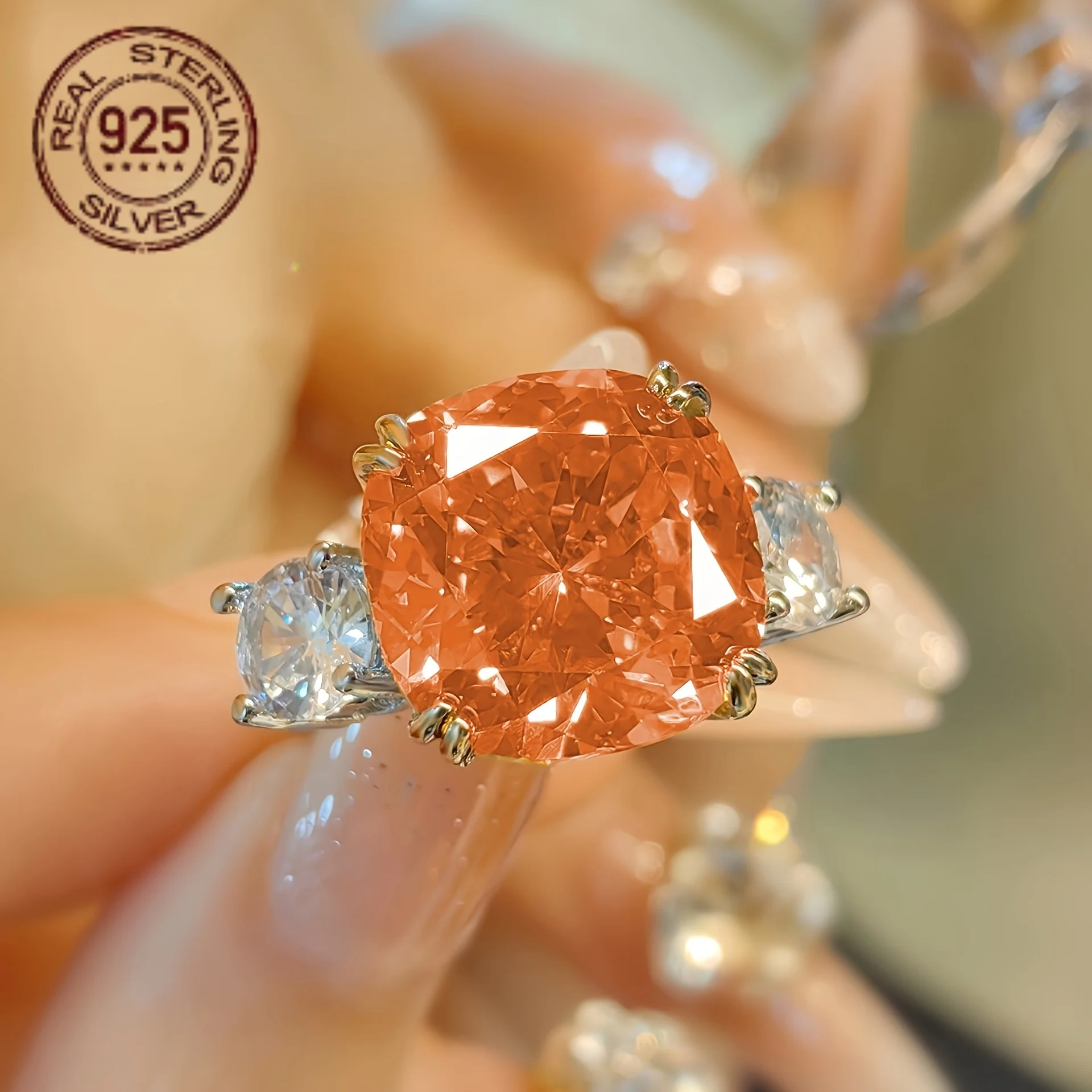 

925 Sterling Silver Ice Flower Cut Orange Morganite Gemstone Charm Ring Women‘s Wedding Engagement Ring Party Fine Jewelry