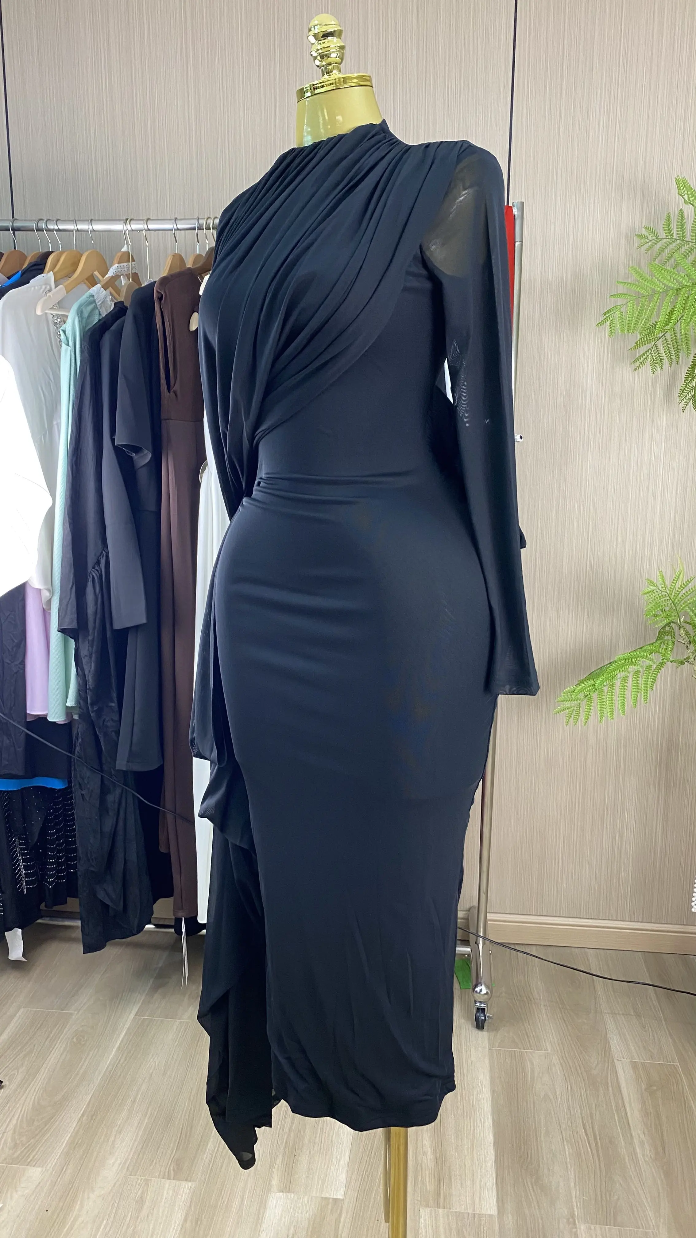2026 Ramadan Slim-Fit Pleated Knit Dress with Crew Neck and Long Sleeves-GZXX978