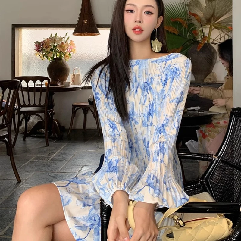 Francês feminino manga comprida protetor solar roupas primavera verão plissado floral cintura temperamento curto luz vestido de luxo feminino