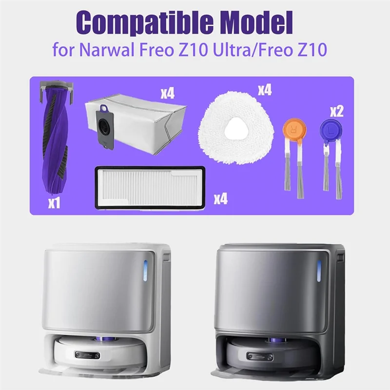 A02V-Pack Of 17 Accessories Kit For NARWAL Freo Z10 Ultra Freo Z10 Sweeping Robot Main Brush Side Brushes Filter Rag Dust Bag