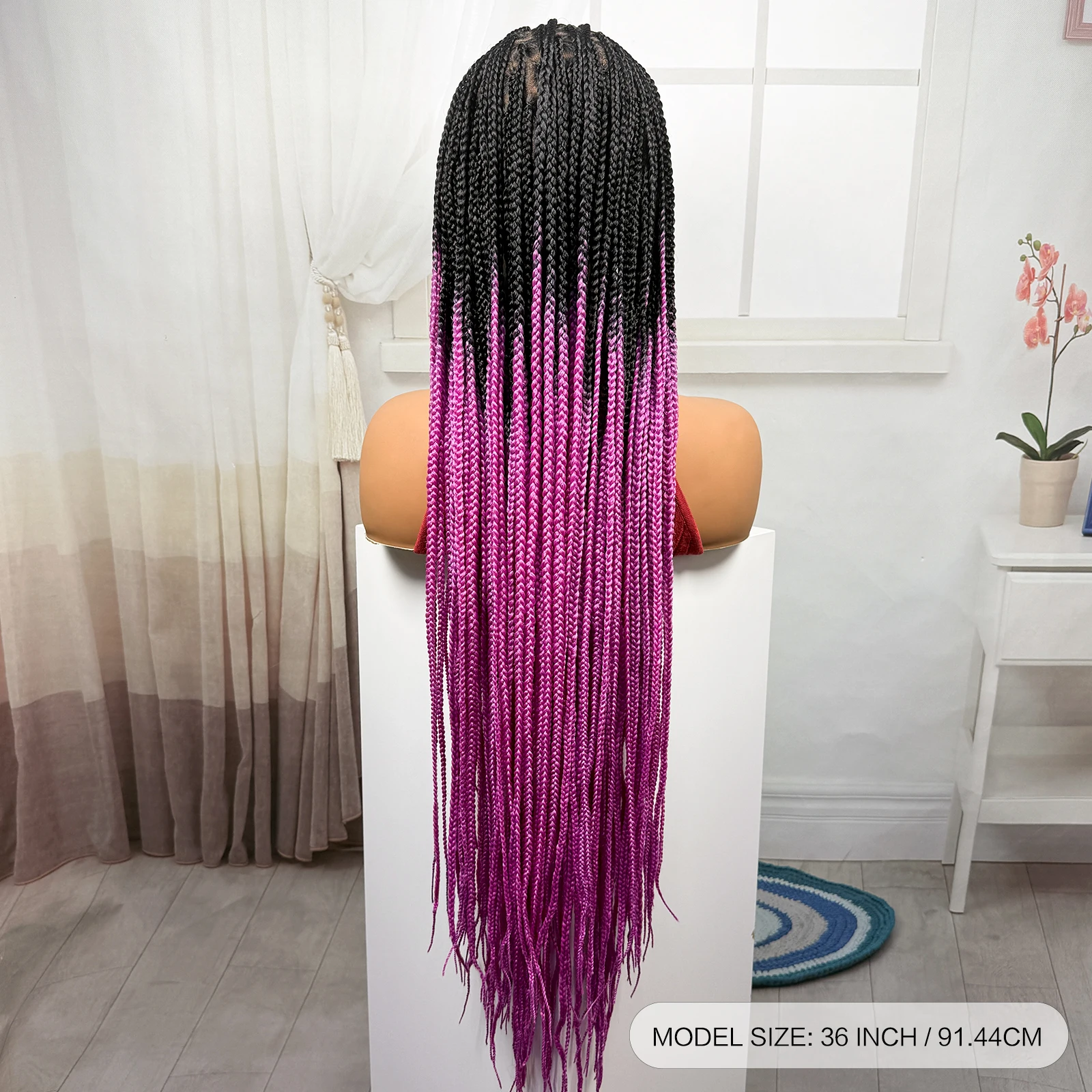36inch Long Pink Color Box Braided Wigs Synthetic Full Lace Knotless Braids Wigs with Baby Hair for Black Women view 5
