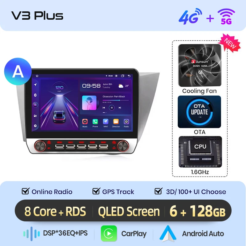 Junsun 13.1″ QLED draadloze CarPlay Android Auto autoradio voor SEAT Leon Mk2 2005-2012 intelligente systemen DSP SWC RDS GPS FM BT