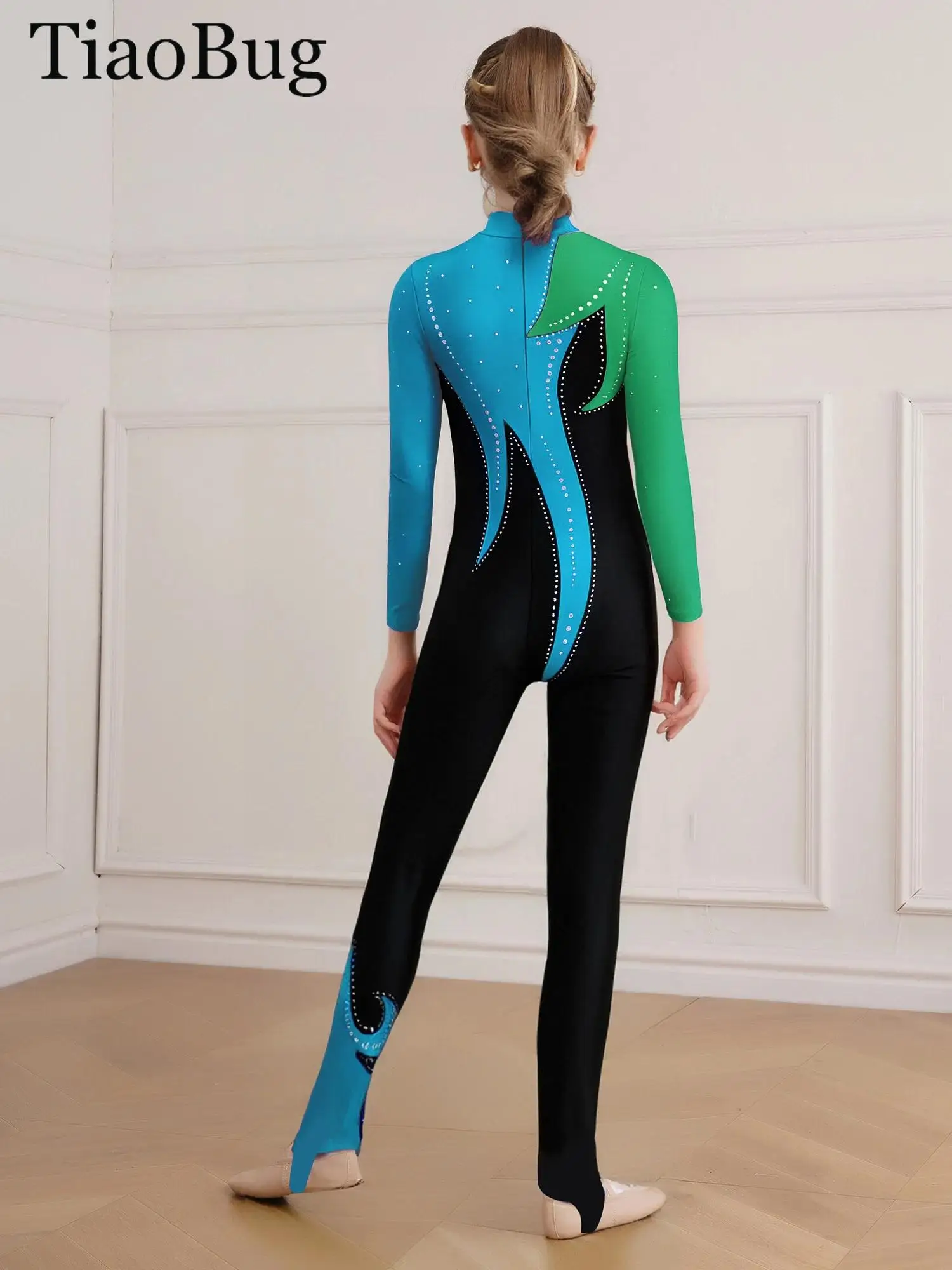 

Girls Color Block Figure Skating Dance Leotard Long Sleeve Rhinestone Ballet Gymnastics Jumpsuit Full Body Suit