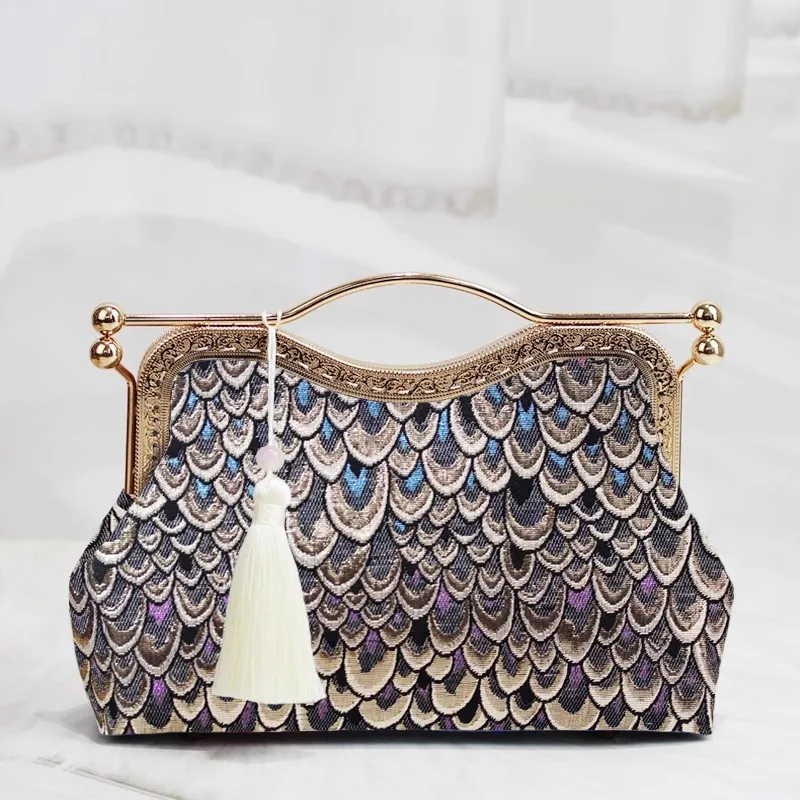 

Vintage Kiss Lock Purses Handbags Made in Chineses Crossbody Bag Evening Purse Shoulder for Woman
