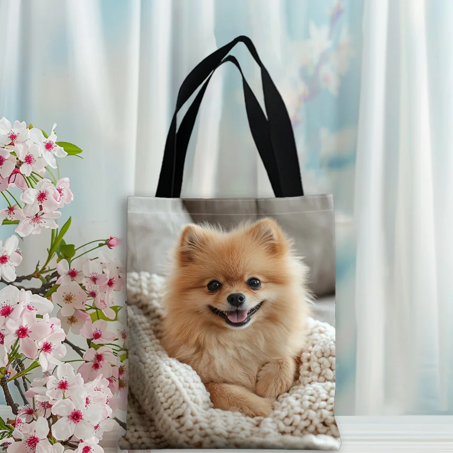 A Cheerful Pomeranian Dog Grinning While Seated on A Blanket, for Shopping, Everyday Use, Premium Quality, Women'S Canvas Tote.