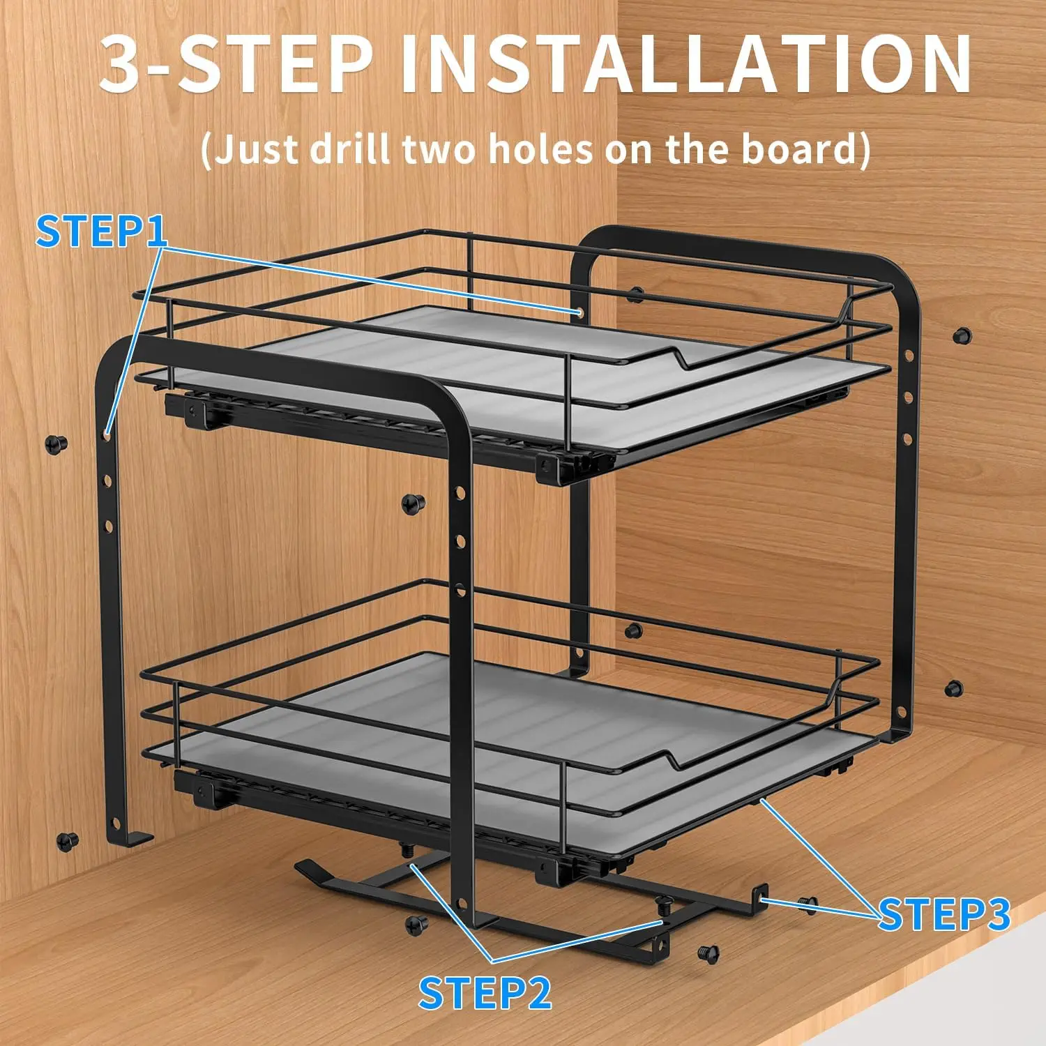منظم رف توابل لحارس الأرضية للخزانة باللون الأسود مكون من طبقتين رفوف توابل قابلة للسحب لرف تخزين المطبخ قابل للتعديل الارتفاع
